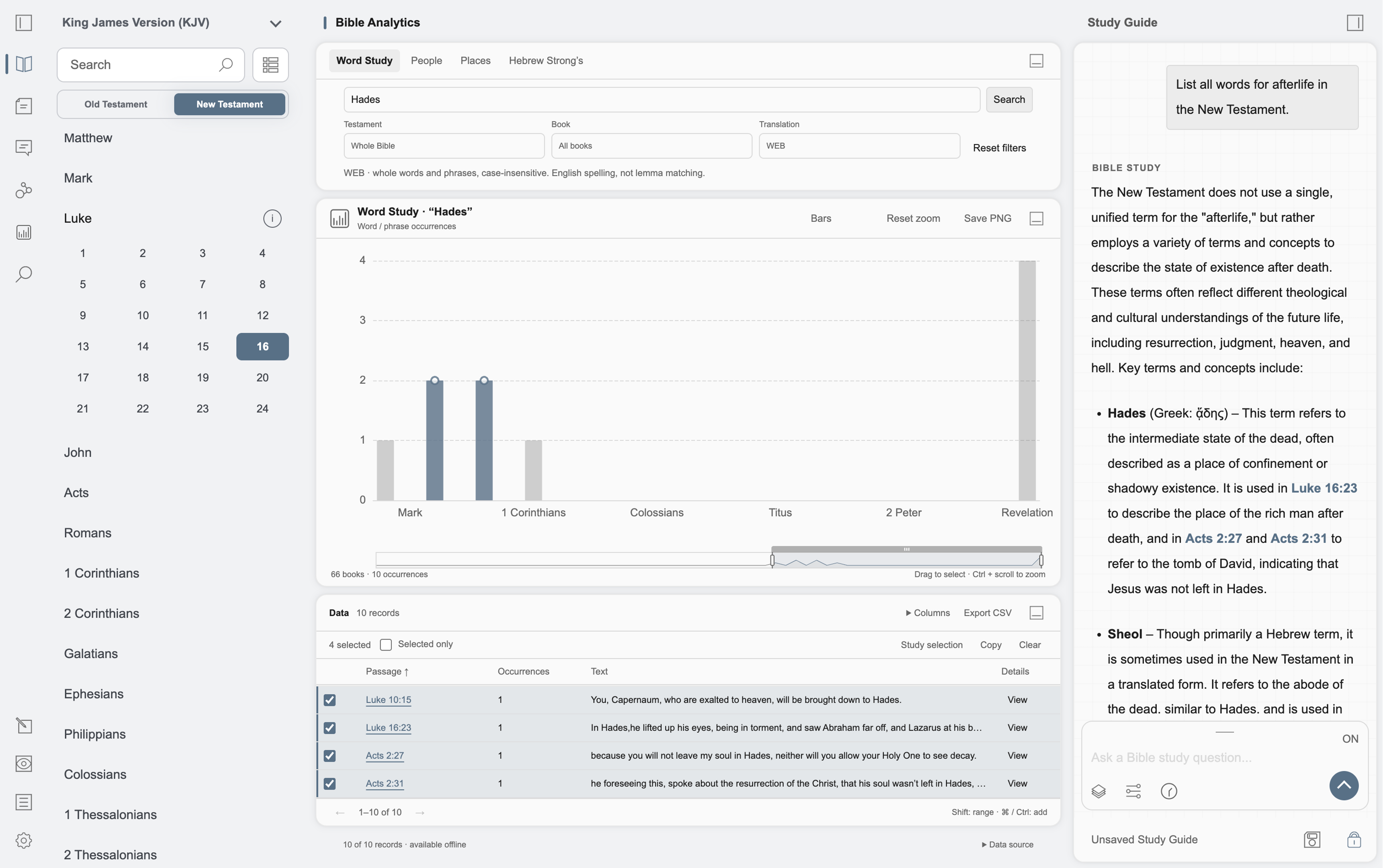 Bible Analytics with search filters, an interactive chart, selectable passage records, and the connected Study Guide
