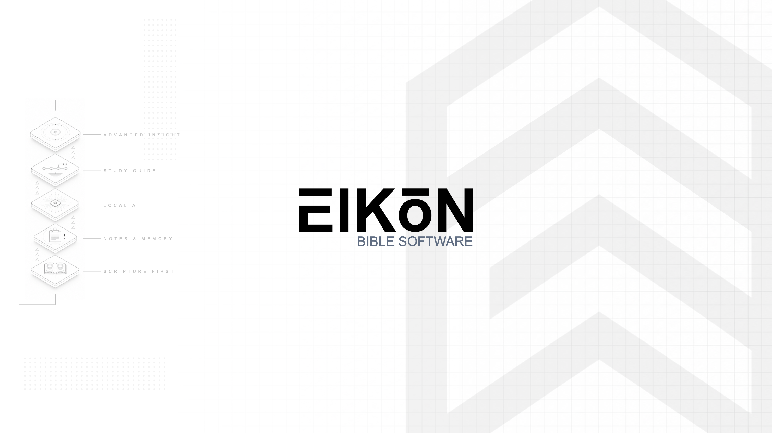 Eikōn Bible Software identity with layered study icons and a geometric mark