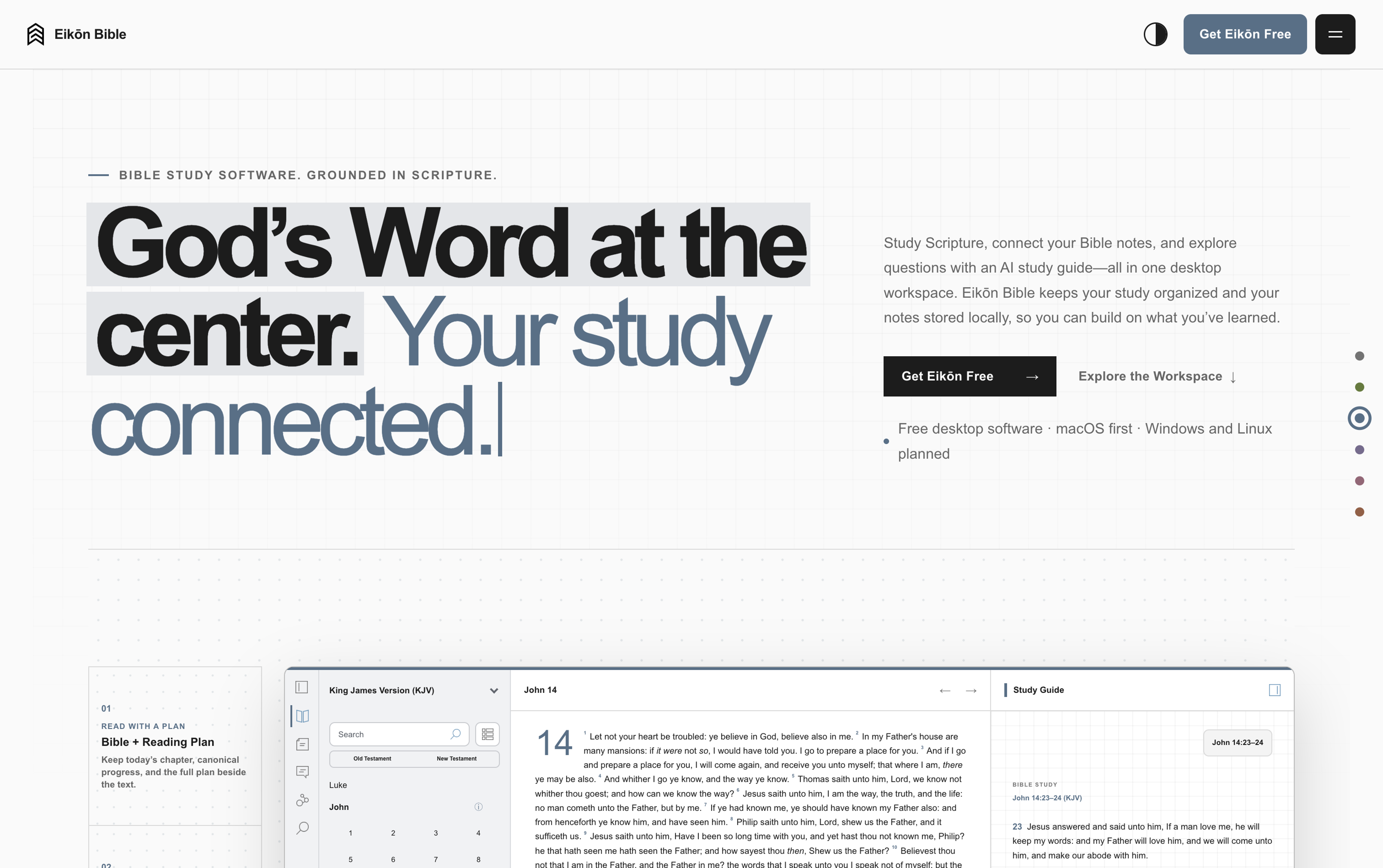 Eikōn Bible website introducing a connected desktop study workspace in light mode