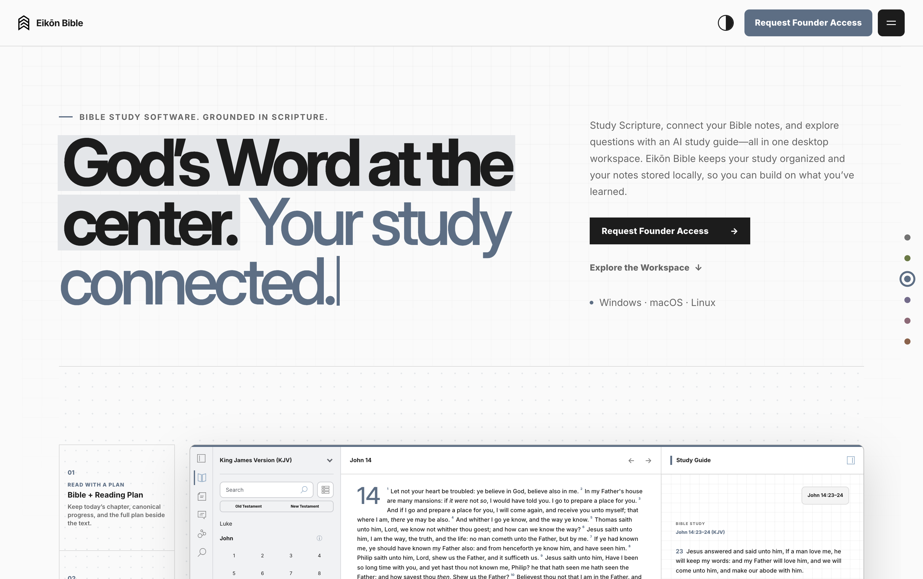 Eikōn Bible website introducing a connected desktop study workspace